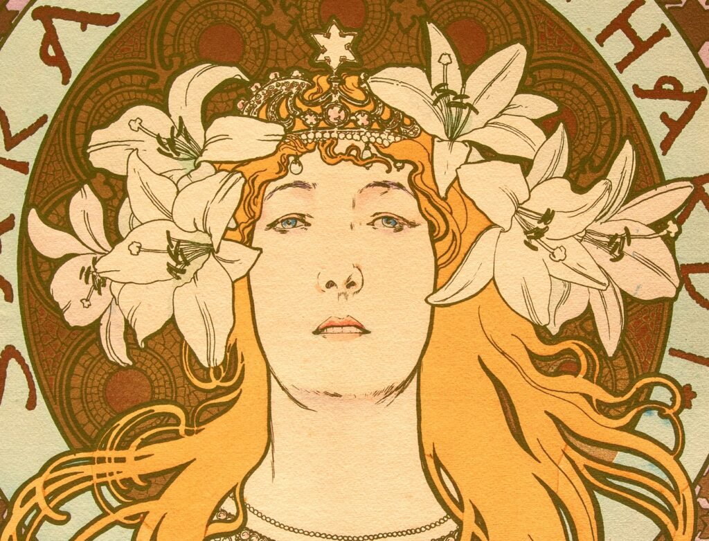 Alphonse Mucha, Sarah Bernardt con Iris tra i capelli litografia a colori, 1896