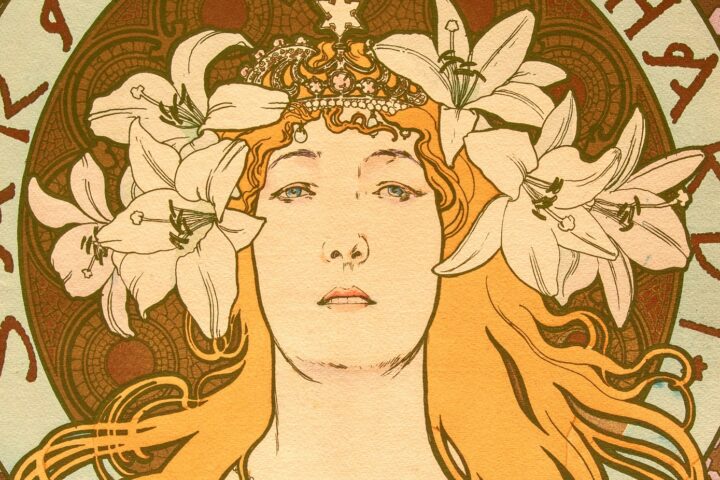 Alphonse Mucha, Sarah Bernardt con Iris tra i capelli litografia a colori, 1896