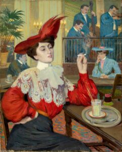 Gustave Poetzsch, Elegante al Caffè o bevitrice d’assenzio, cm. 85X65, olio su tela, 1900