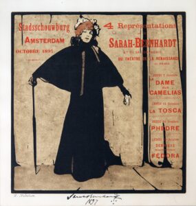 William Nicholson, Sarah Bernardt in tournée ad Amsterdam, cm.26X27, litografia a colori, 1897