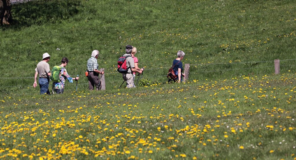 Un gruppo di persone attraversa un campo durante un'escursione