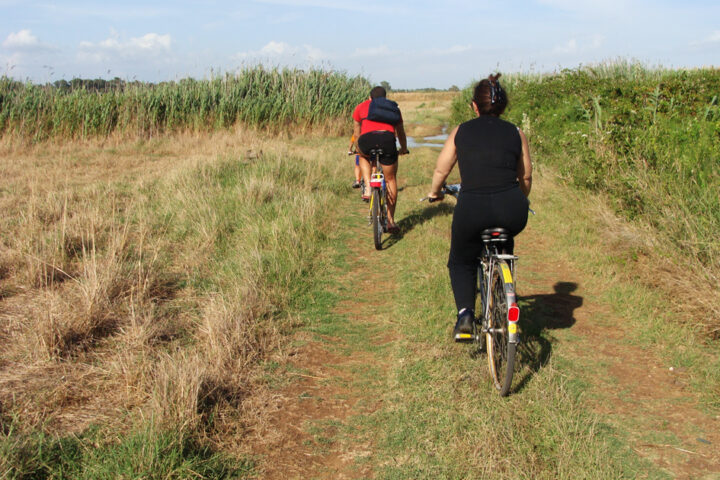 Due donne pedalano su un percorso dedicato ad Antonio Cederna, nella Riserva del Litorale romano