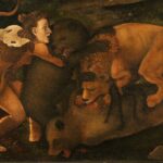 Un dettaglio del dipinto "Scena di caccia primitiva" di Pietro Di Cosimo, pittore rinascimentale italiano