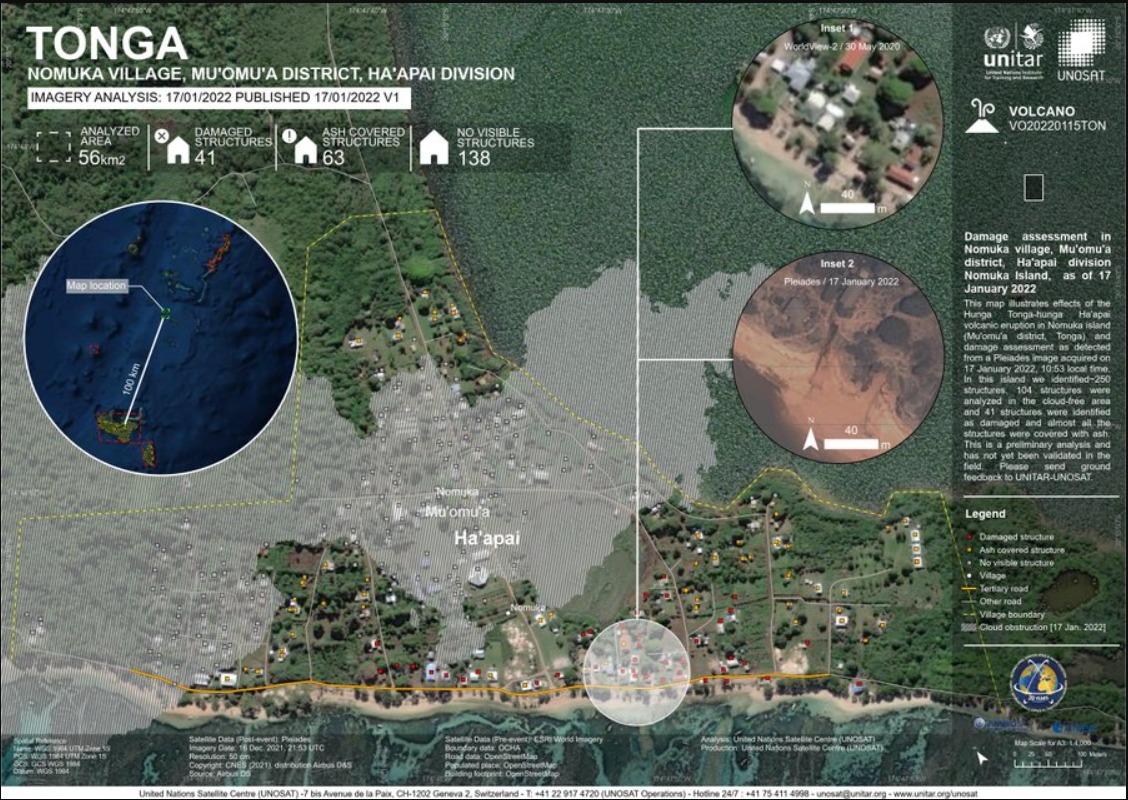 Il satellite Unosat mostra i danni dello tsunami nel villaggio di Nomuka (Foto: Unosat)