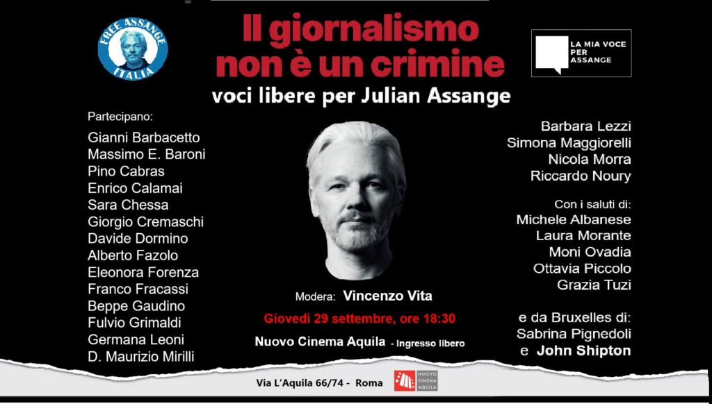 Giovedì 29 settembre al Nuovo Cinema Aquila di Roma, un incontro per continuare a tenere accesa la luce su Julian Assange