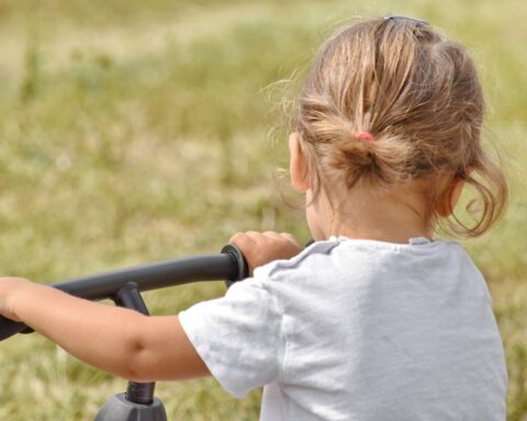 Una bambina di spalle nel verde