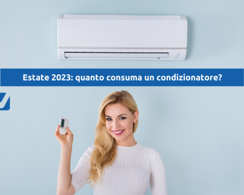 Una donna accanto a un condizionatore, con la scritta Estate 2023, quanto consuma un condizionatore?