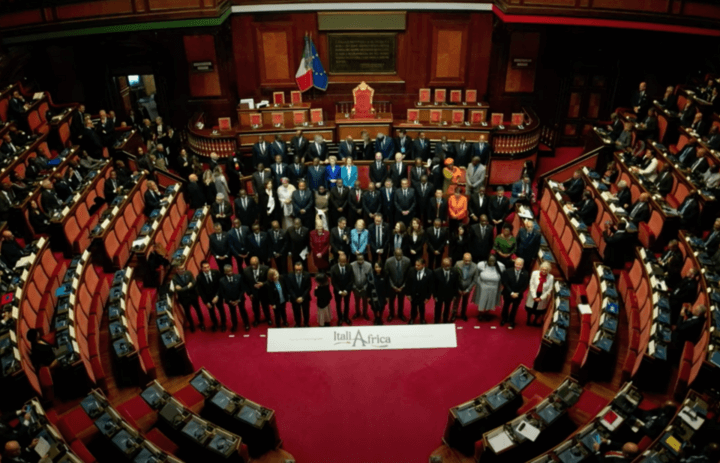 Foto di gruppo per il vertice Italia Africa a Palazzo Madama, per la presentazione del Piano Mattei