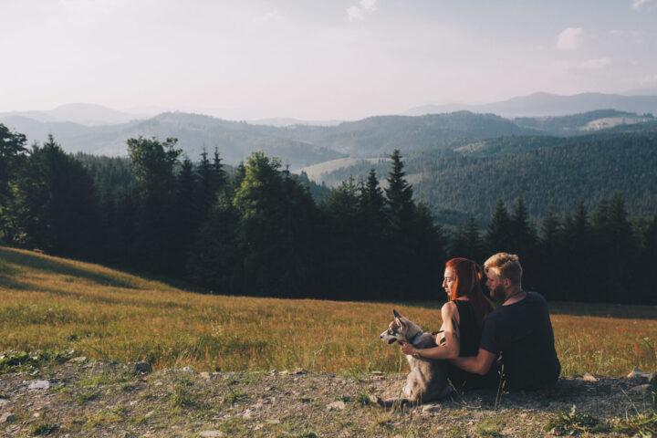 Un ragazzo, una ragazza e un bellissimo cane seduti su una collina