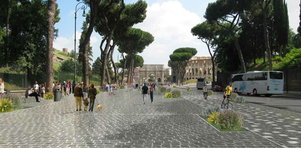 Il progetto della ciclabile a Via di San Gregorio, tra il Colosseo e il Circo Massimo, secondo Piano B Architetti Associati (Foto: www.velolove.it)