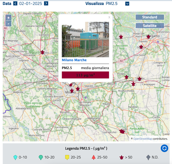 Screenshot della scheda di monitoraggio: Milano viale Marche pm2,5