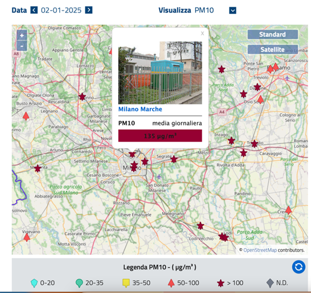 Screenshot della scheda di monitoraggio: Milano viale Marche pm2,5