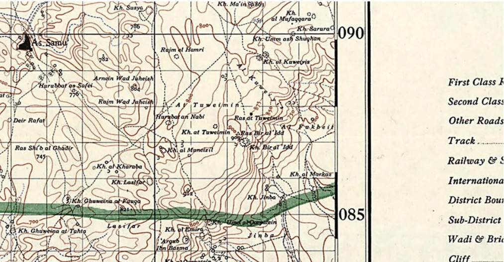 Una mappa britannica della Palestina del 1945 che dimostra l'esistenza dei villaggi (Al Mufaqqara, Al Markaz, Al Fakheit e Jinba) oggi cancellati dalle mappe israeliane