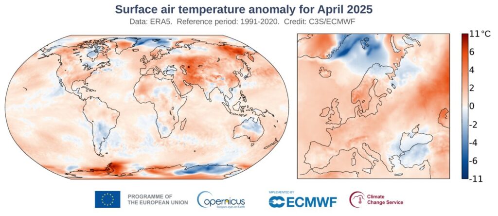 Le ragioni del cambiamento secondo Antonello Pasini: rappresentazione grafica delle anomalie nella temperatura dell'aria superficiale ad aprile 2025 rispetto al periodo 1991-2020. Fonte: Copernicus