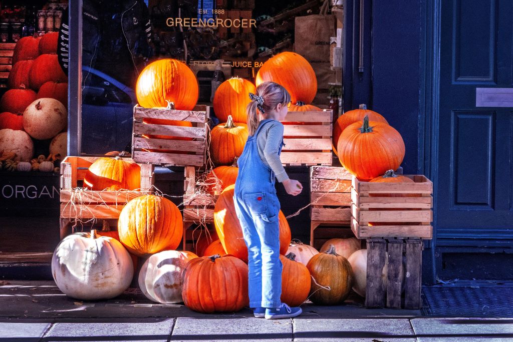 Far pace con Halloween: una bambina davanti a un negozio di zucche