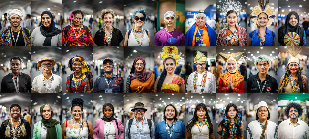 Una serie di foto mostra un gruppo multiculturale di persone che partecipano alla 30a Conferenza delle Parti (COP30). Foto di Hermes Caruzo/COP30