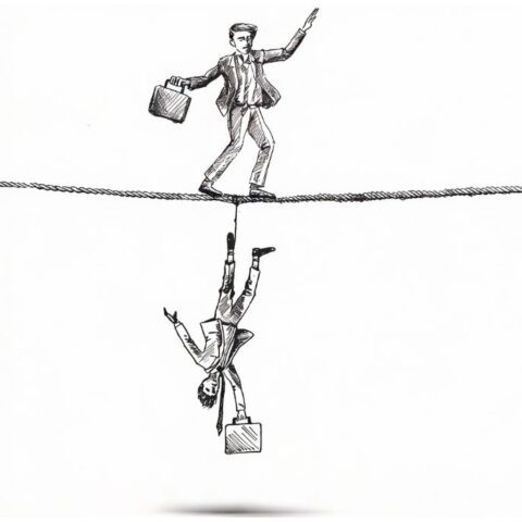 Illustrazione: un uomo in equilibrio sulla corda, l'altro appeso a testa in giù