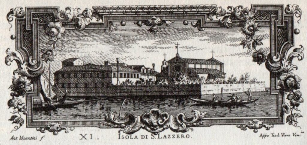 Esplorando San Lazzaro, il microcosmo che conserva la cultura armena: una stampa del '700 con la vista dell'isola 