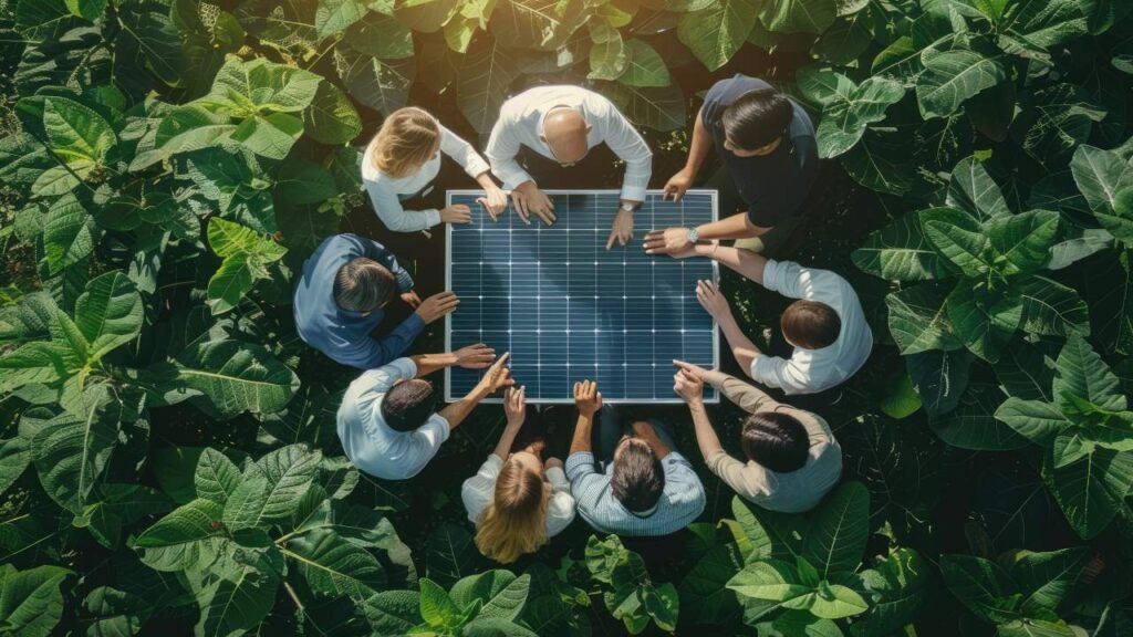 Cinque tendenze globali per la sostenibilità che dovete conoscere: un gruppo di lavoro intorno a un pannello fotovoltaico
