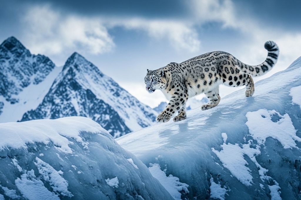 Il leopardo delle nevi, la sentinella del clima sui tetti del mondo: un esemplare sulle cime innevate