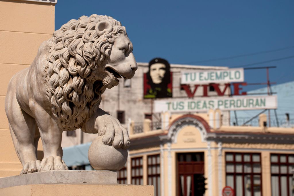 Cuba, la morsa si stringe: L'immagine del Che sotto lo sguardo di un leone a Cienfuegos, Cuba