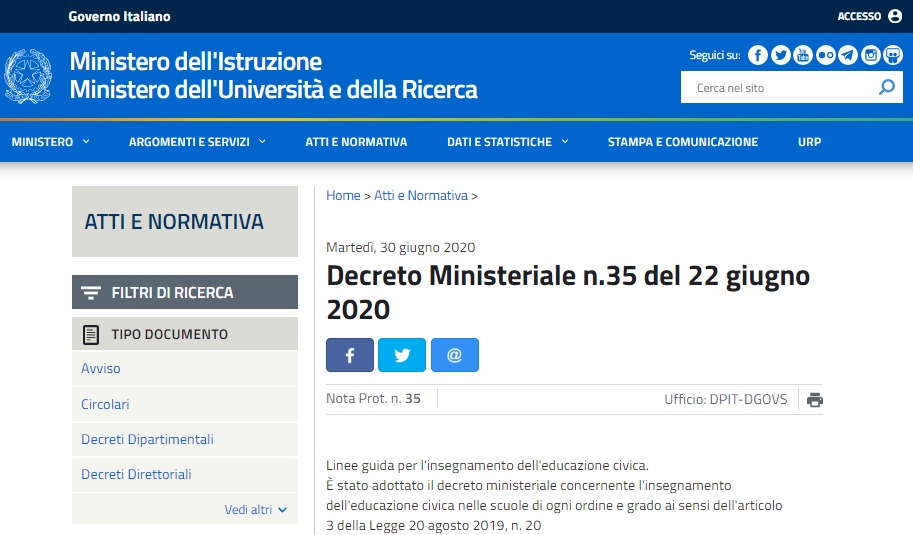 Il sito del Miur con Linee guida per l'educazione civica