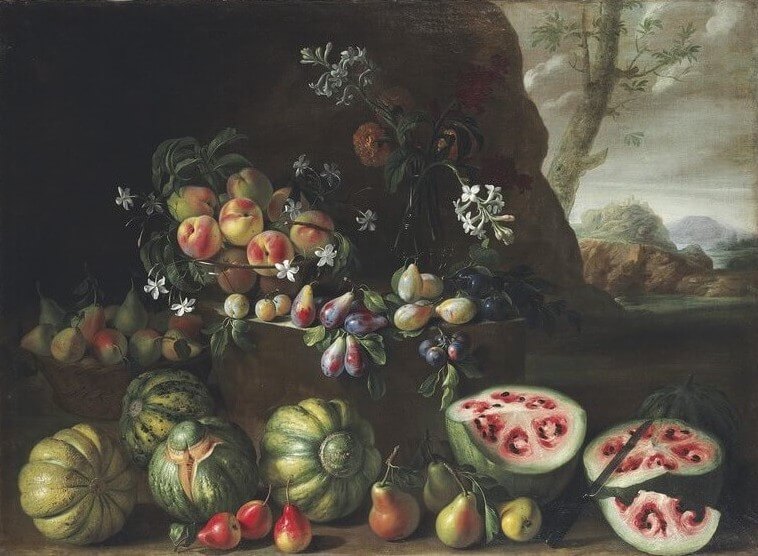 Dipinto di Giovanni Stanchi “Angurie, pesche, pere e altra frutta nel paesaggio"