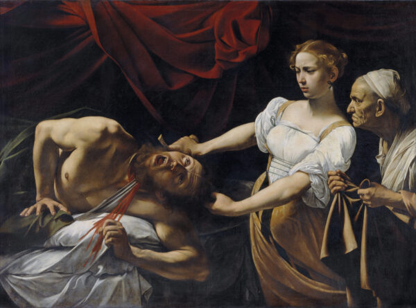 Giuditta e Oloferne, olio su tela di Caravaggio, dipinto nel 1600 circa. Caravaggio rappresenta l'episodio biblico della decapitazione del condottiero assiro Oloferne da parte della vedova ebrea Giuditta, che voleva salvare il proprio popolo dalla dominazione straniera