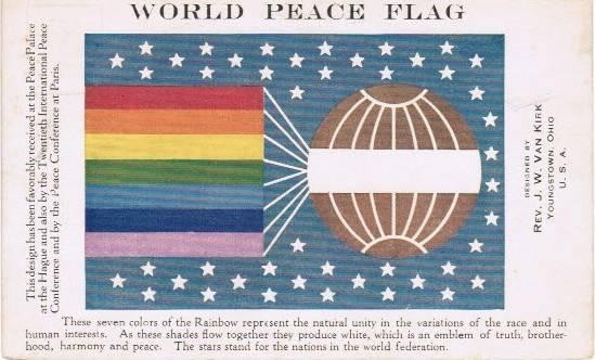 "World Peace Flag" composta da sette colori e la terra sullo sfondo di un cielo stellato